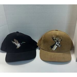 Lot 2 Vintage Corduroy Hats Mallard Duck & Buck Deer Embroidered Hunting Caps